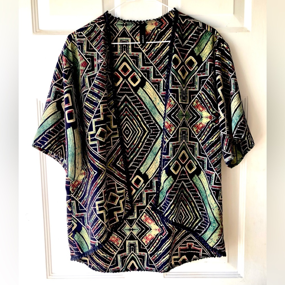 Estam Olive Green Brown Black Tribal Print Popcorn Trim Waterfall Kimono Medium
